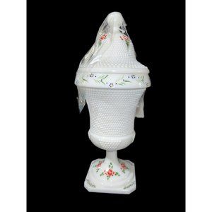 L.E. Smith 10" Hobnail Milk Glass Pedestal Urn Candy Jar w/Lid Hand Painted Flow